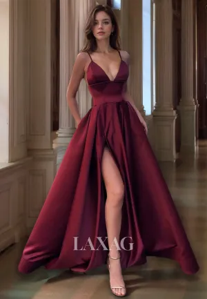 V-Neck Simple Elegant Long Formal Prom Dress Spaghetti Straps A-Line Party Dress with Pockets