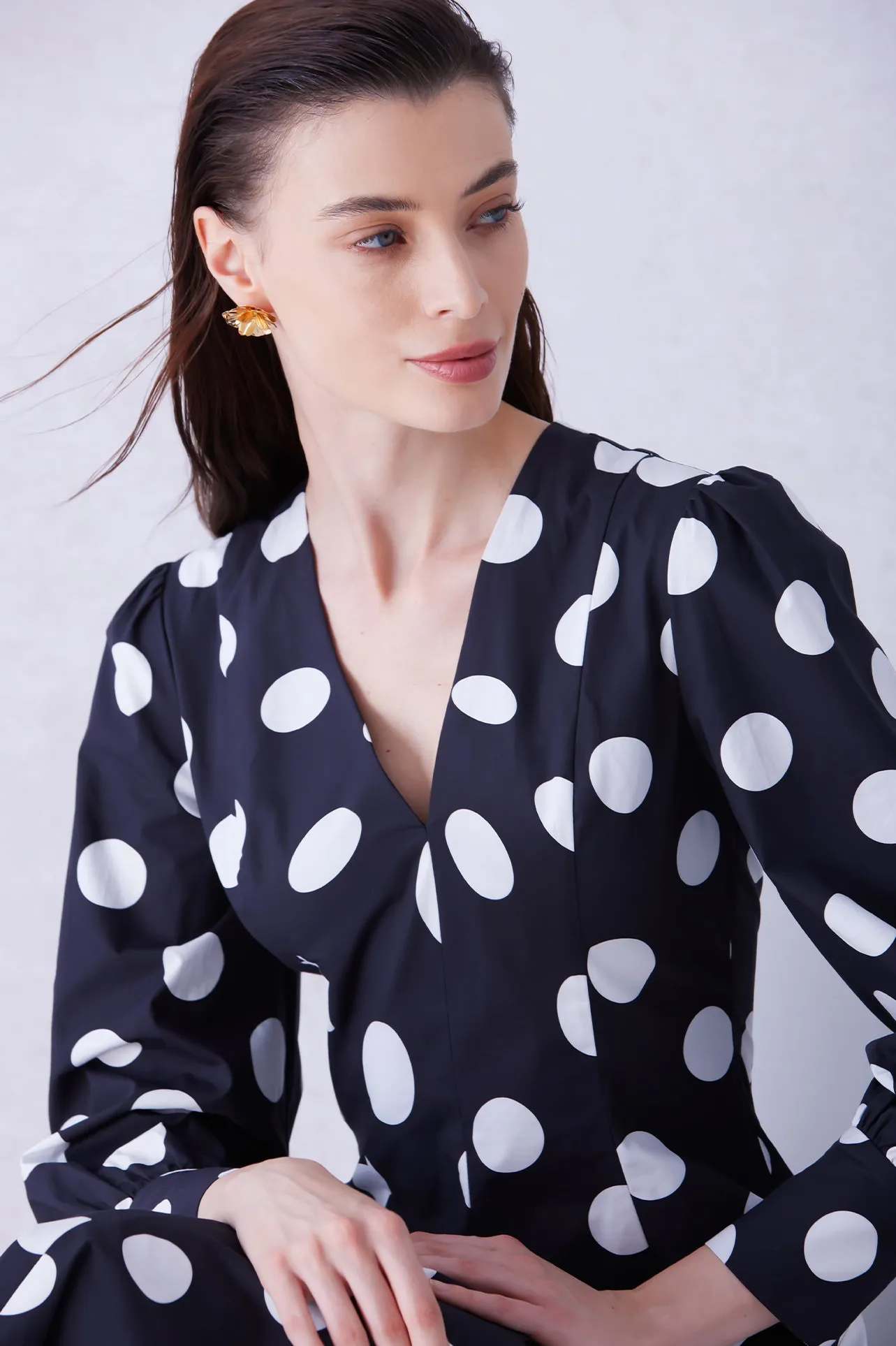 V-NECKLINE POLKA DOTY PRINT DRESS