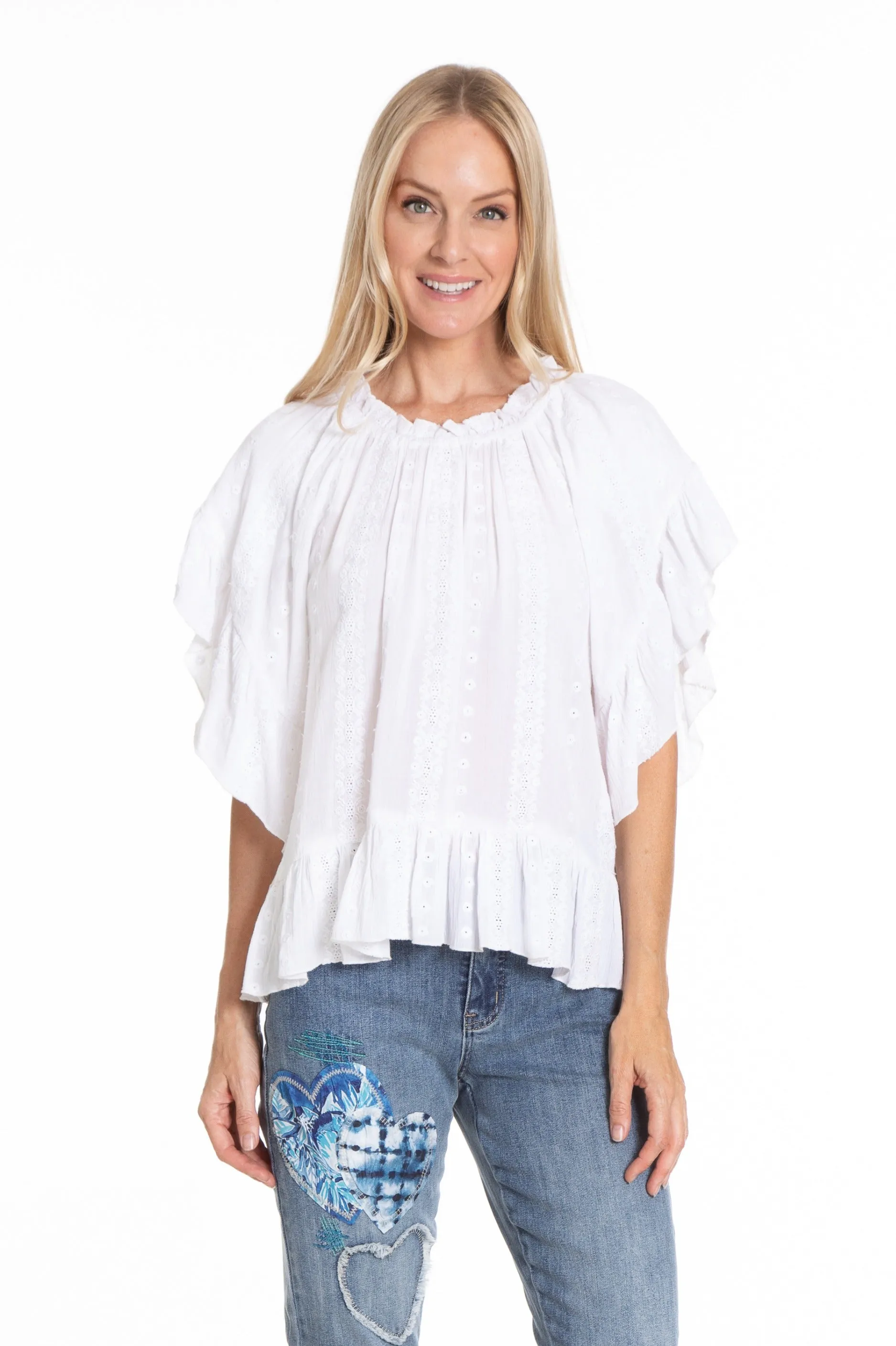 Wear 2-Ways Flounce Sleeve Embroidered Top