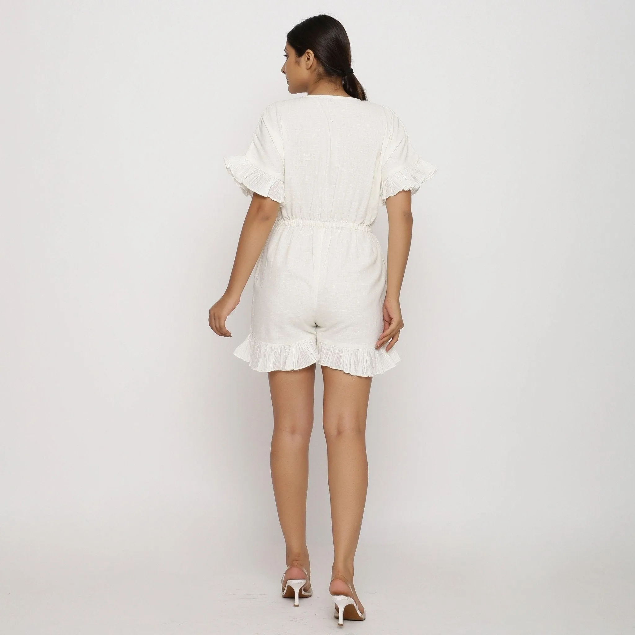 White Frilled V-Neck 100% Cotton Short Playsuit