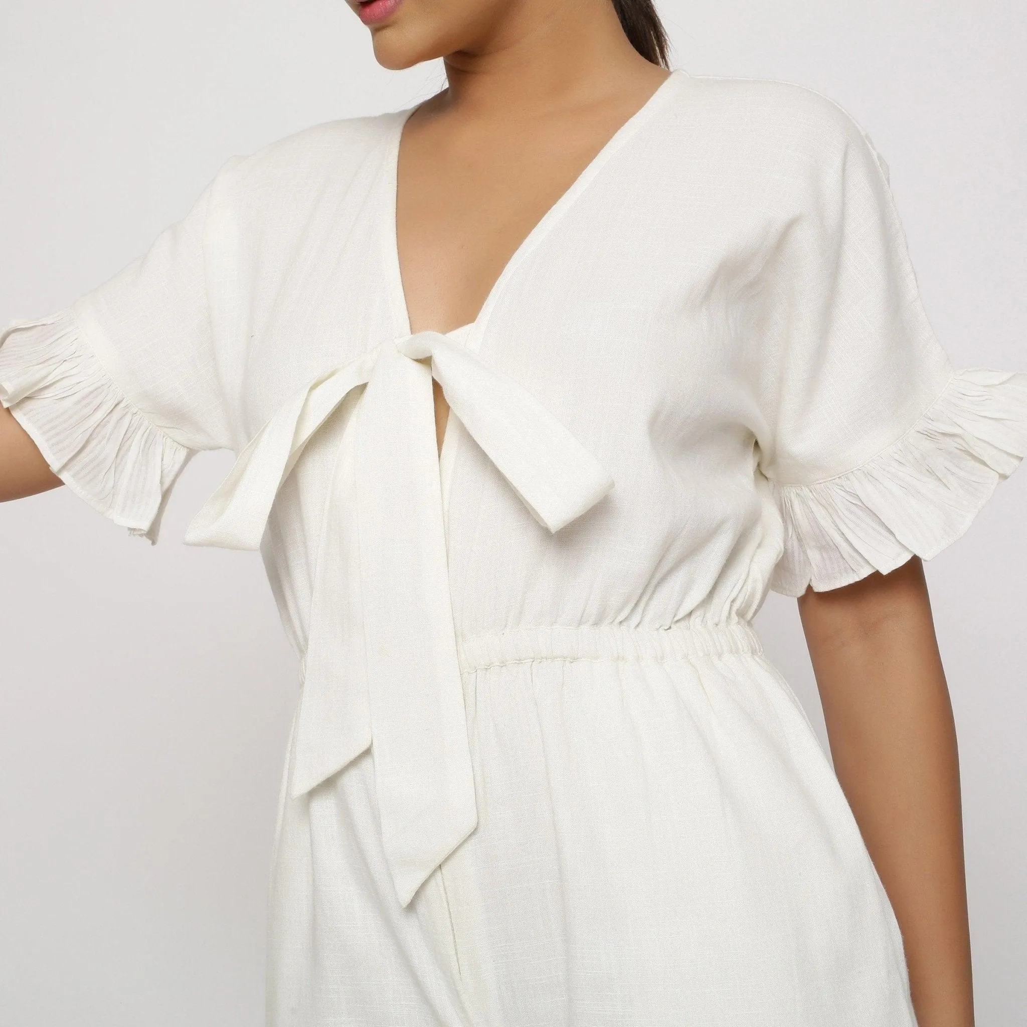 White Frilled V-Neck 100% Cotton Short Playsuit