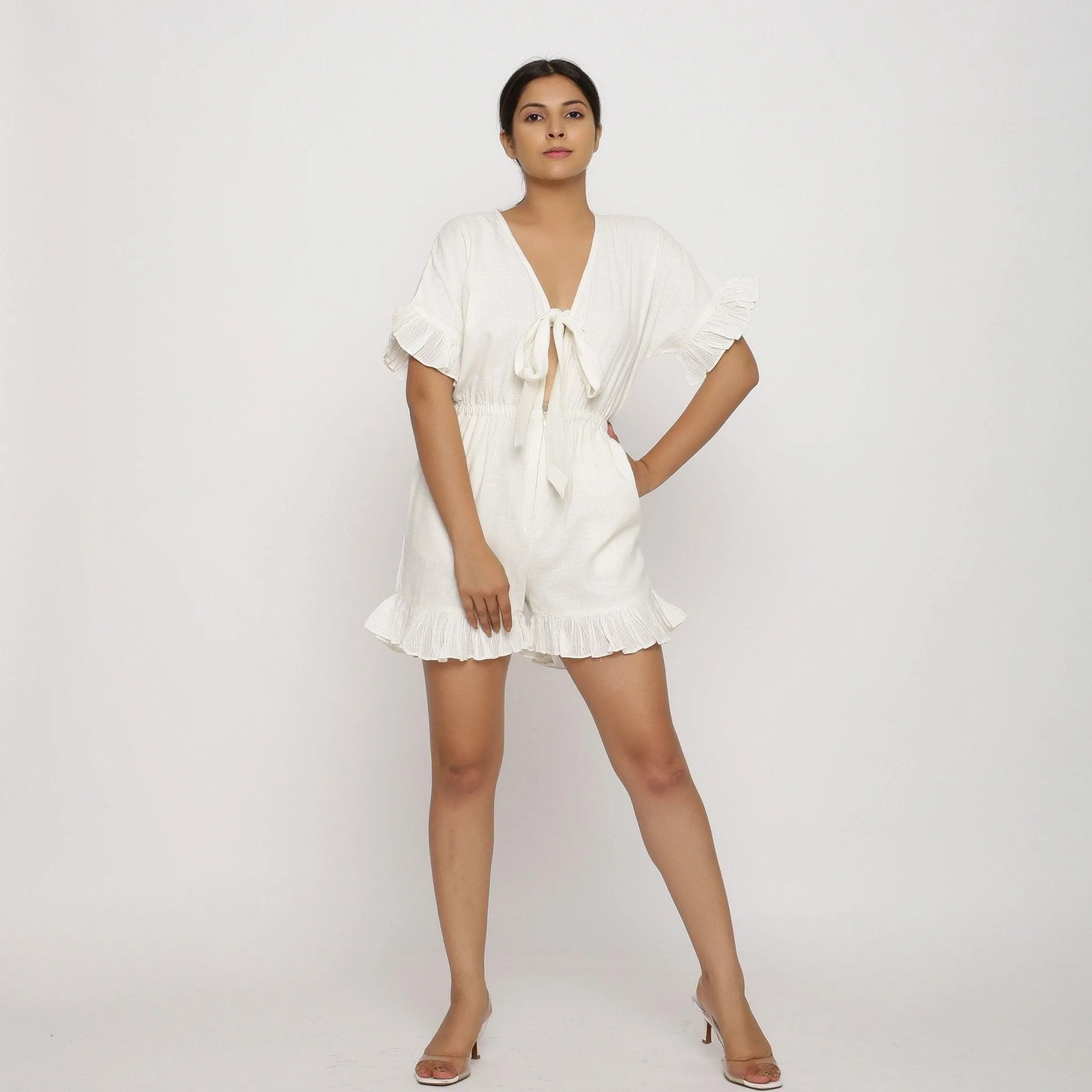 White Frilled V-Neck 100% Cotton Short Playsuit
