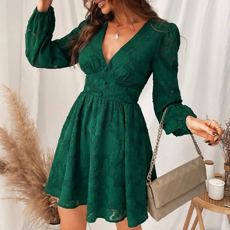 Women's Sophisticated Deep Plunge V-Neck Floral Lace Mini Dress