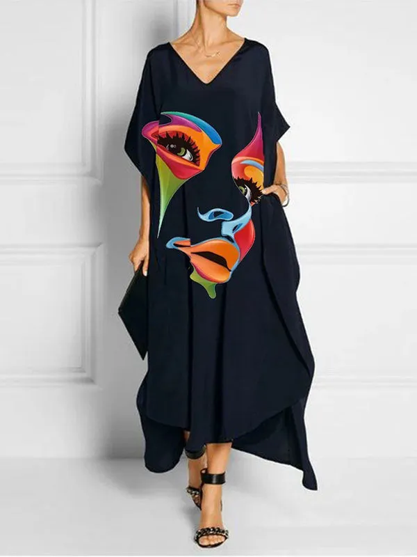 xakxx Half Sleeves Loose Contrast Color Face Printed V-Neck Maxi Dresses