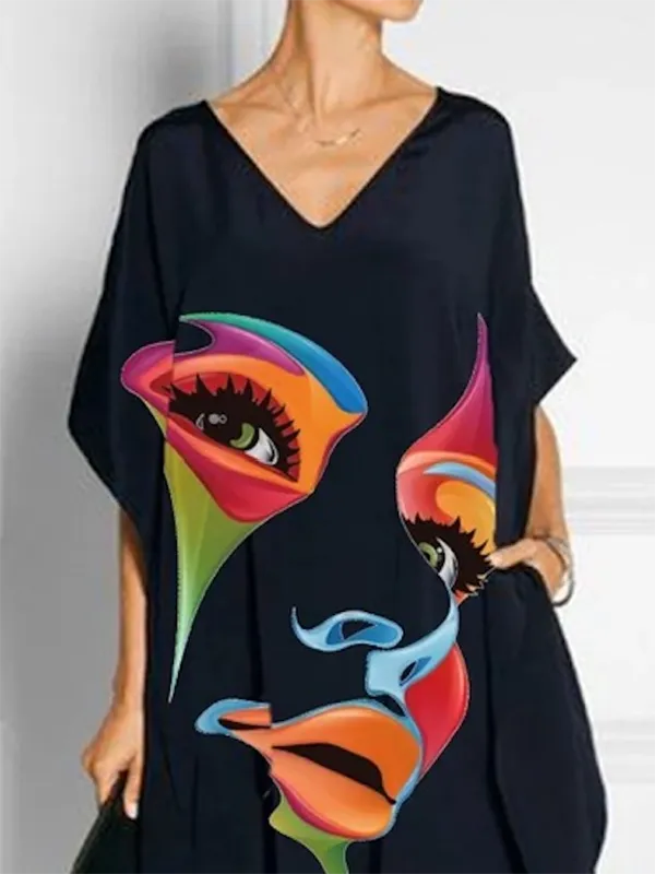 xakxx Half Sleeves Loose Contrast Color Face Printed V-Neck Maxi Dresses