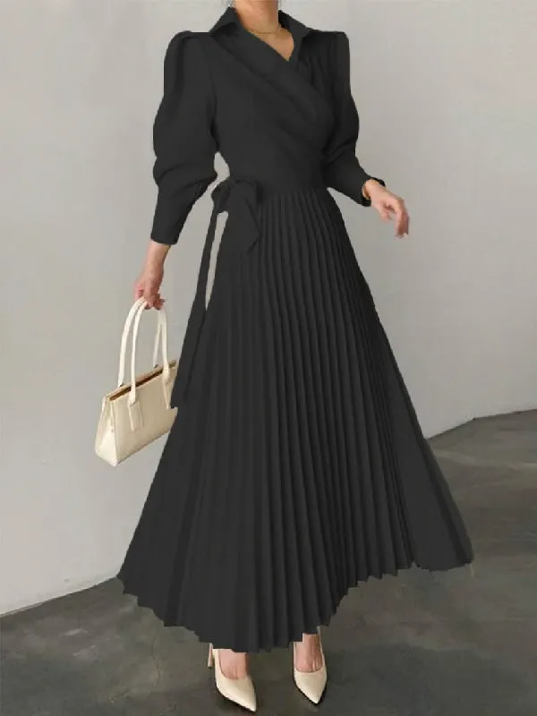 xakxx Office Pleated Asymmetric Solid Color Lapel Maxi Dresses