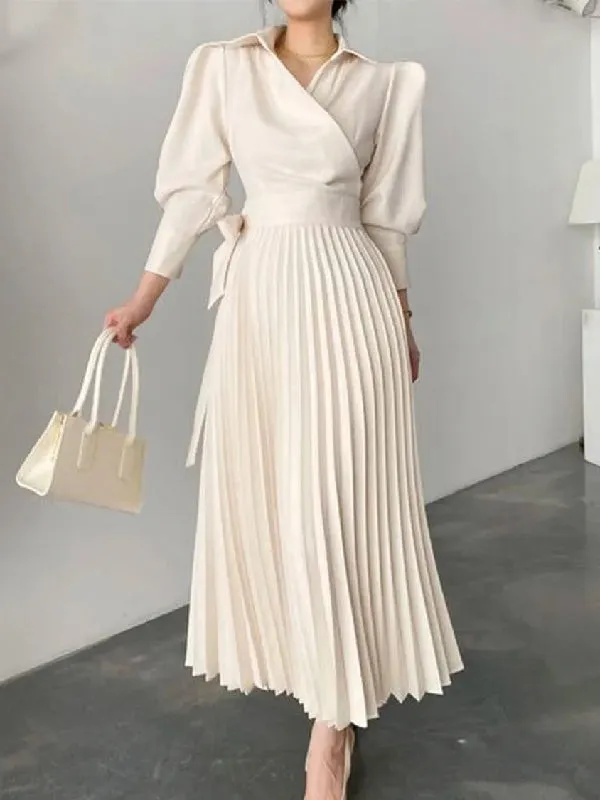 xakxx Office Pleated Asymmetric Solid Color Lapel Maxi Dresses