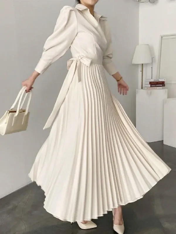 xakxx Office Pleated Asymmetric Solid Color Lapel Maxi Dresses